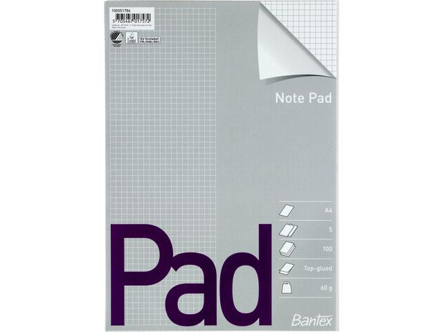 Notepad BANTEX A4 checked 60g top glued