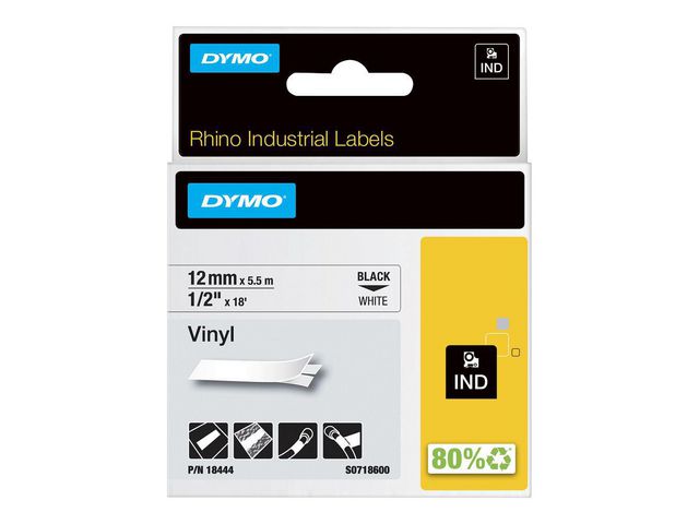 Tape DYMO Rhino vinyl sort/hvit 12mm