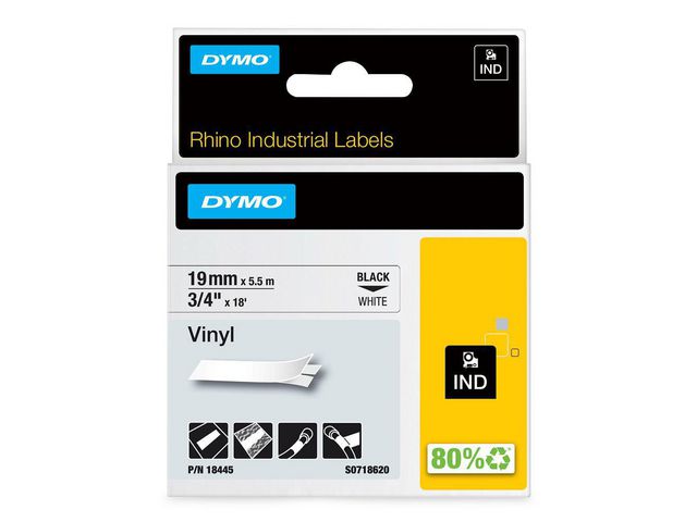 Tape DYMO Rhino vinyl sort/hvit 19mm