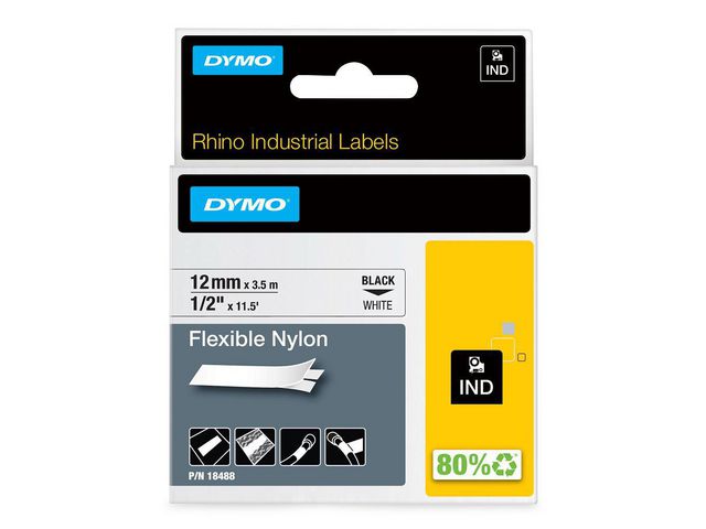 Tape DYMO Rhino nylon sort/hvit 12mm