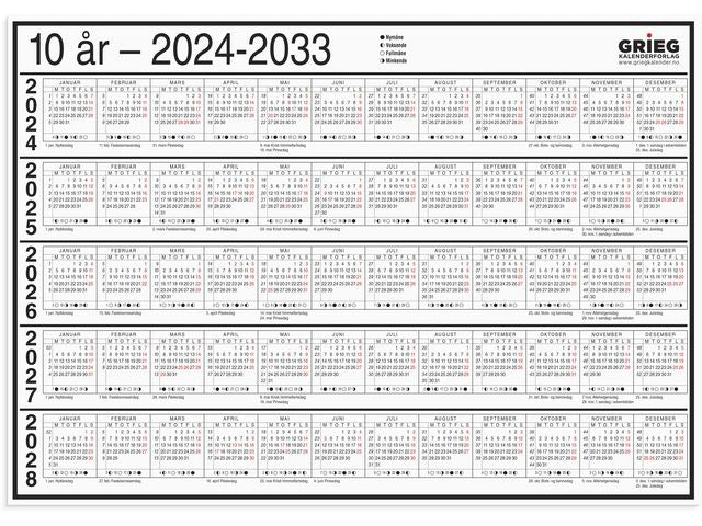 Platekalender GRIEG A4 10 år 2024-2033